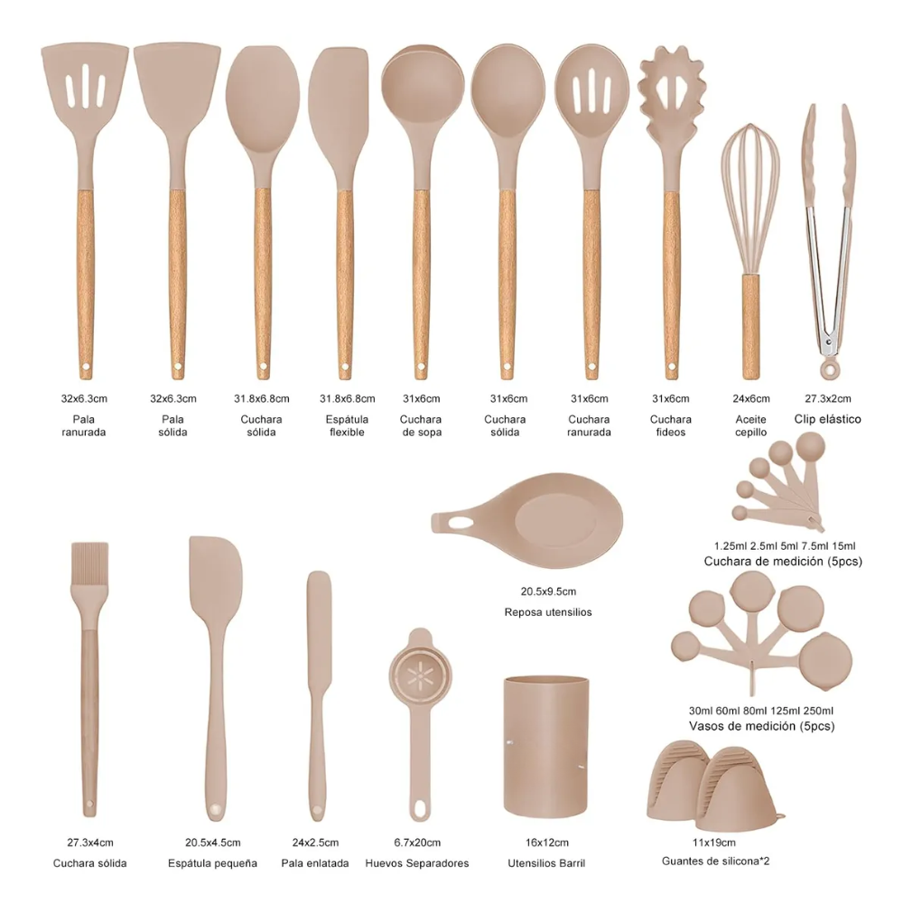Set 21 Utensilios Cocina Silicona Madera
